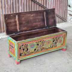 Hand-Painted Floral Blanket Box | Traditional Rajasthan Wooden Storage Chest with Hand-Carved Folk Art Detailing