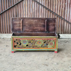 Hand-Painted Floral Blanket Box | Traditional Rajasthan Wooden Storage Chest with Hand-Carved Folk Art Detailing