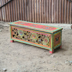 Hand-Painted Floral Blanket Box | Traditional Rajasthan Wooden Storage Chest with Hand-Carved Folk Art Detailing