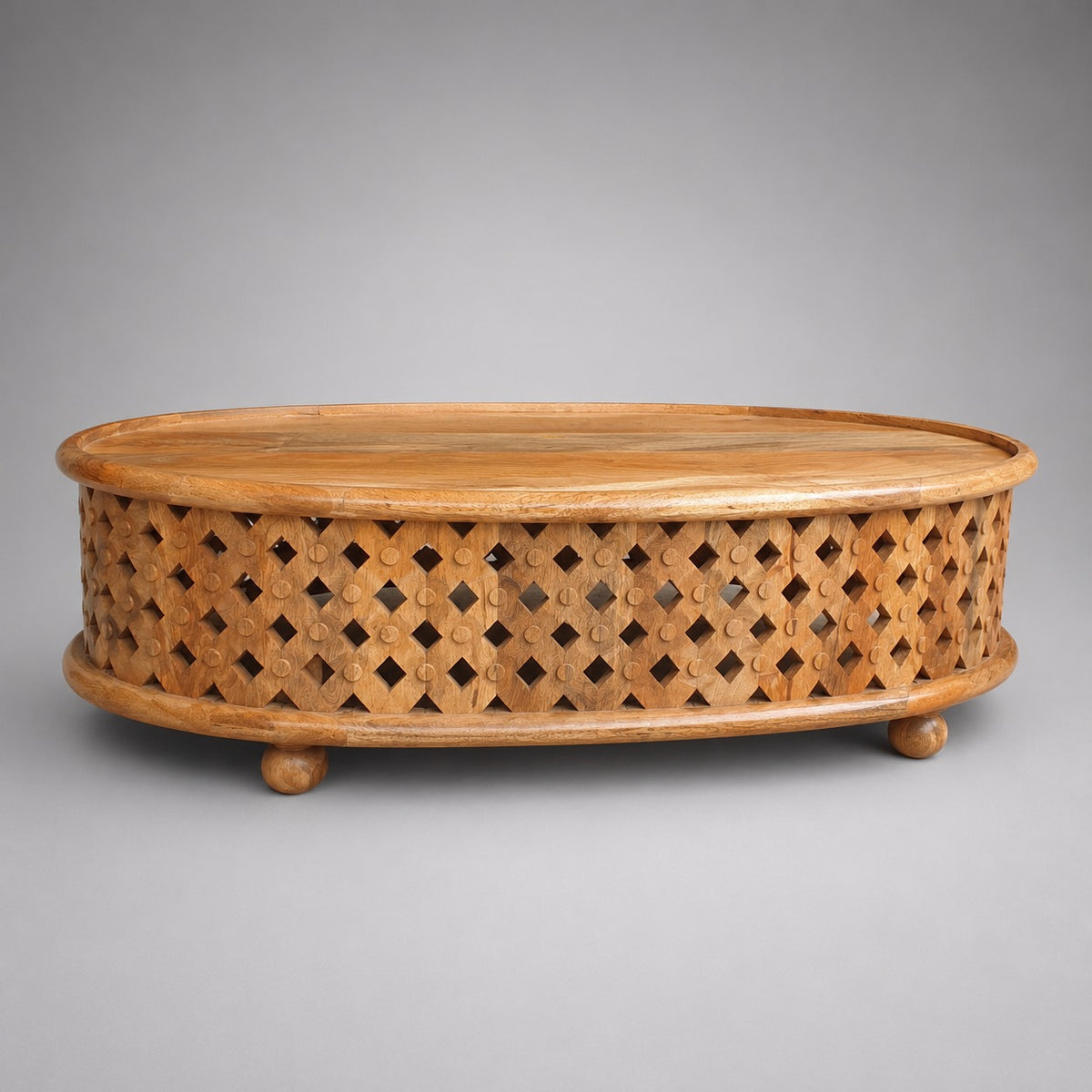 Bamileke Style Hand Carved Oval Wooden Coffee Table – Natural Timber