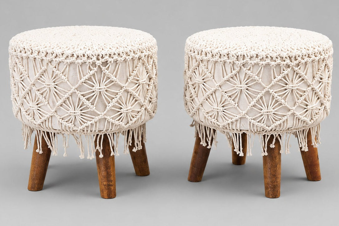 White Macrame Cushioned Wood Stool Boho Footstool set of 2