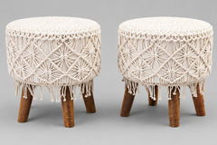 White Macrame Cushioned Wood Stool Boho Footstool set of 2