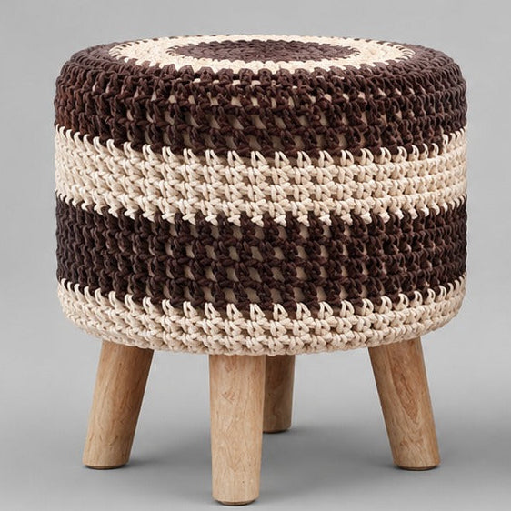 Brown & Cream Macramé Boho Cushioned Wood Stool - Crochet Pouf Footstool