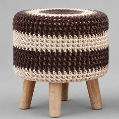 Brown & Cream Macramé Boho Cushioned Wood Stool - Crochet Pouf Footstool