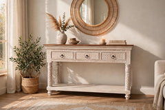 Carved Console Table / Entryway Table / Hallway Table with Storage 3 drawers and honey brown top