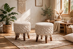 White Macrame Cushioned Wood Stool Boho Footstool set of 2