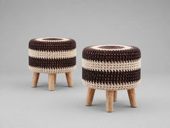 Brown & Cream Macramé Boho Cushioned Wood Stool - Crochet Pouf Footstool set of 2