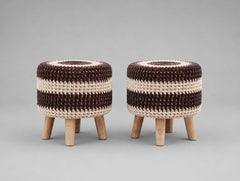 Brown & Cream Macramé Boho Cushioned Wood Stool - Crochet Pouf Footstool set of 2