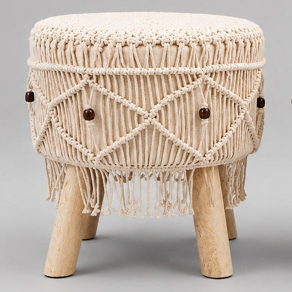 White macramé cushioned stools with intricate hand-knotted patterns, decorative tassels and natural wooden legs, 39 x 39 x 41 cm – Make My Piece Australia.