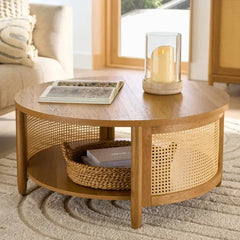 Rattan Elegance Series Wooden Coffee Center Table in Round Shape With Rattan Cane Work