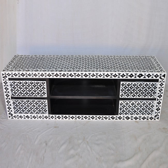 Bone inlay Star Geometrical pattern Black 4 Drawer TV Unit