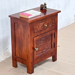 Indian Handmade Carved Solid Hard Wood Door & Drawer Bedside Table in Red 50x30x60Cm