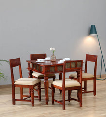 Shanti Surprise Sheesham Wood 4 Seater Dining Set In Scratch Resistant Honey Oak Finish With Brass Cladding