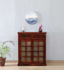 Shanti Surprise Sheesham Wood Cabinet In Scratch Resistant Honey Oak Finish With Brass Cladding