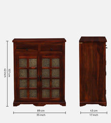 Shanti Surprise Sheesham Wood Cabinet In Scratch Resistant Honey Oak Finish With Brass Cladding