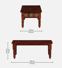 Shanti Surprise Sheesham Wood Nesting Coffee Table Set (2 Stools ) In Scratch Resistant Honey Oak Finish With Brass Cladding