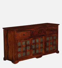 Shanti Surprise Sheesham Wood Sideboard In Scratch Resistant Honey Oak Finish With Brass Cladding