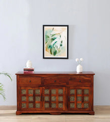 Shanti Surprise Sheesham Wood Sideboard In Scratch Resistant Honey Oak Finish With Brass Cladding