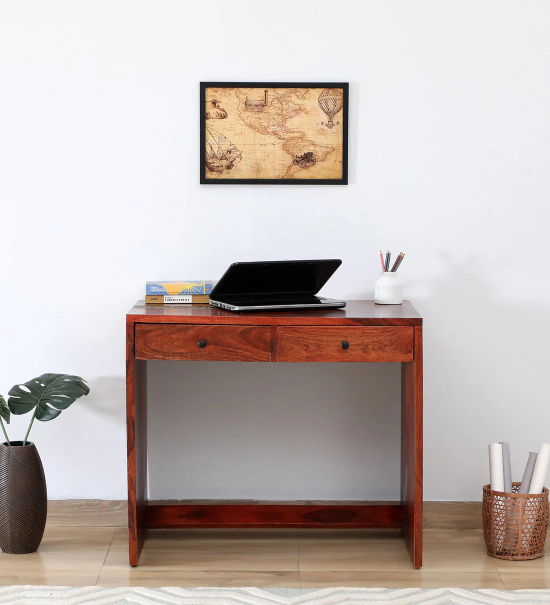 Shanti Surprise Sheesham Wood Study Table In Scratch Resistant Honey Oak Finish With Brass Cladding