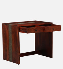 Shanti Surprise Sheesham Wood Study Table In Scratch Resistant Honey Oak Finish With Brass Cladding