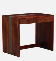 Shanti Surprise Sheesham Wood Study Table In Scratch Resistant Honey Oak Finish With Brass Cladding