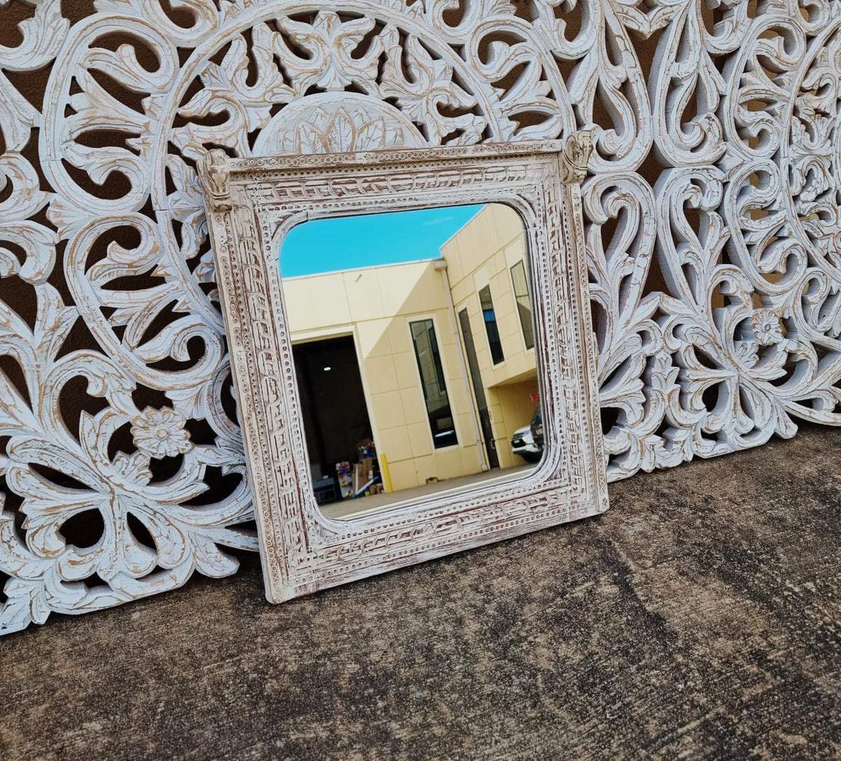 Hand Carved Indian Solid Wood Wall Mirror With Horse Face On the Corner Rustic 61.5x3.5x82Cm