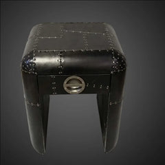 Aviator Black Nightstand - Industrial Riveted Aluminum End Table - Mid-Century Modern Aircraft Style Bedside Chest with Drawer
