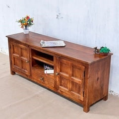 Indian Handmade Carved Solid Hard Wood Tv Unit with Drawers Brown 150x42x60Cm