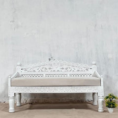 Indian Handmade Carved Solid Hard Wood Daybed Sofa with Mattress In All White 150x60x85Cm