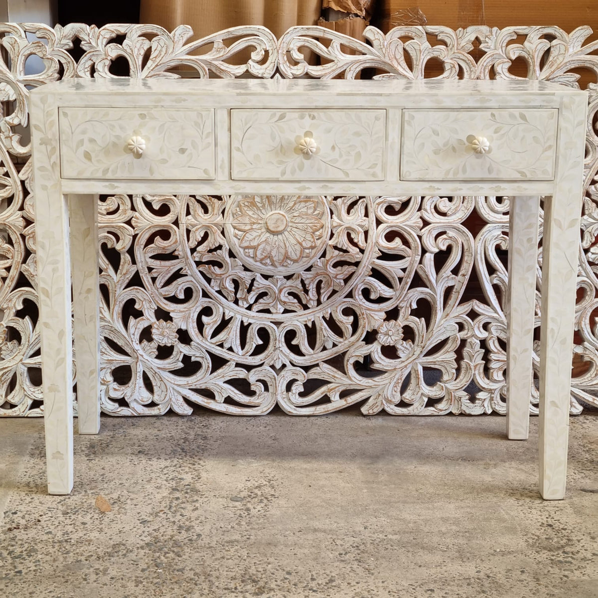 Bone Inlay Indian Beautiful Hand Carved Art Solid Wooden Console Hall Table White 100x39.5x80Cm