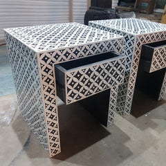 Bone Inlay Star Geometrical pattern Bedside Table Black White