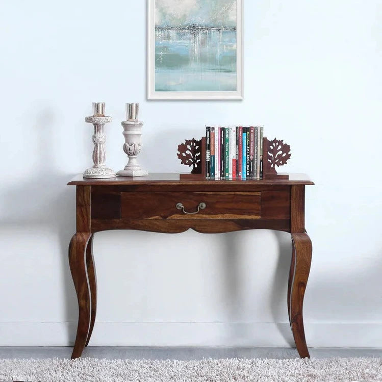 Colonial Handmade Carved Solid Sheesham Wood Console Table In Provincial Teak Finish