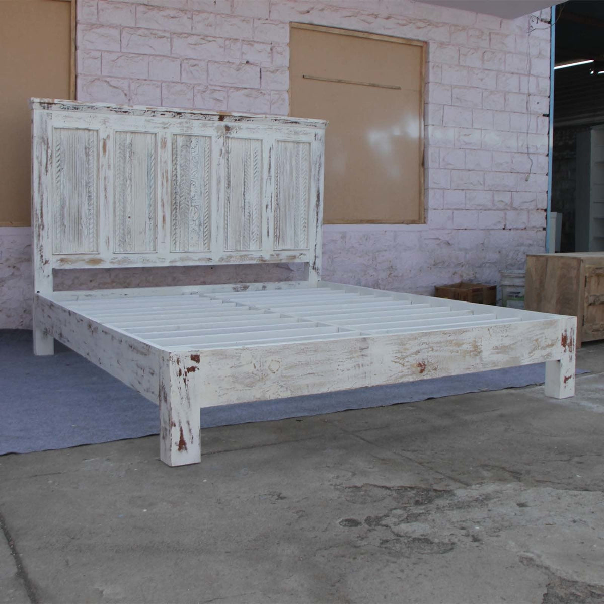 Rainbow Rustic Old Reclaimed Timber Carved Bed Frame White Double