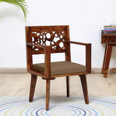 Shanti Surprise Sheesham Wood Arm Chair in Scratch Resistant Provincial Teak Finish With Dark Beige Cushion