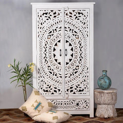 Kalah Solid Mango Wood Indian Hand Carved Wardrobe Cabinet Almirah Antique style Pantry Painted V01  -  