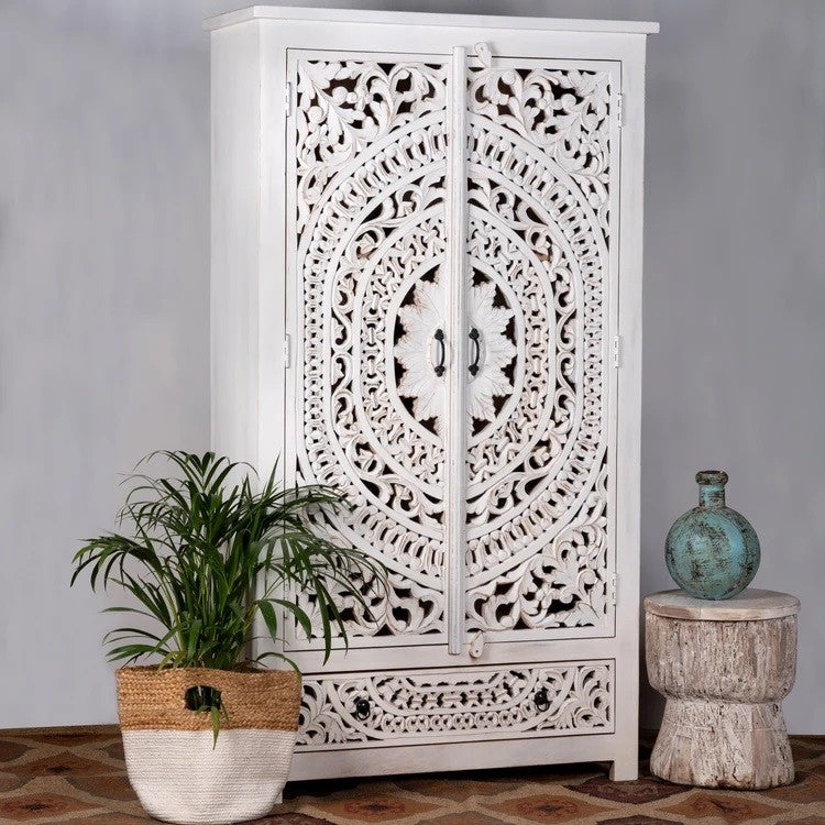 Kalah Solid Mango Wood Indian Hand Carved Wardrobe Cabinet Almirah Antique style Pantry Painted V01  -  