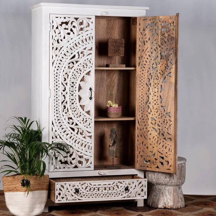 Kalah Solid Mango Wood Indian Hand Carved Wardrobe Cabinet Almirah Antique style Pantry Painted V01  -  