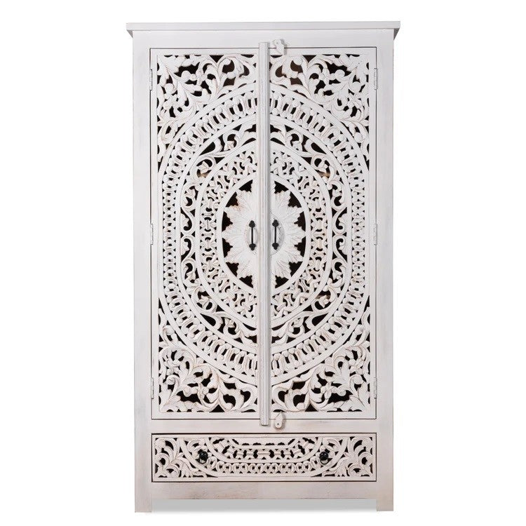 Kalah Solid Mango Wood Indian Hand Carved Wardrobe Cabinet Almirah Antique style Pantry Painted V01  -  