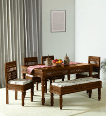 Shanti Surprise Sheesham Wood 6 Seater Dining Set In Scratch Resistant Provincial Teak Finish With Bench