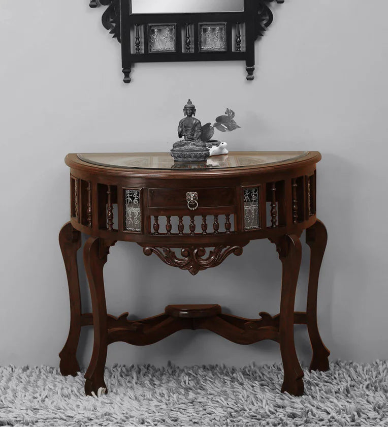 Colonial Handmade Carved Solid Teak Wood Console Table in Walnut Finish