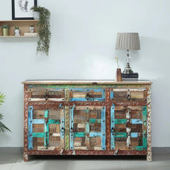 Rainbow Handmade Carved Reclaimed Wood Sideboard In Distress Finish