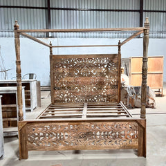 Indian Handmade Carved Solid Hard Wood King Sized Bed Frame With 4 Posters 180x180Cm