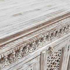 Indian Handmade Carved Solid Hard Wood 3 Doors Sideboard Greywash 150x40x100Cm