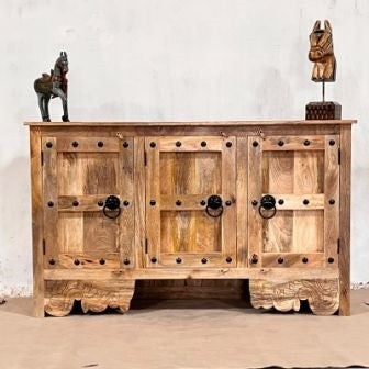 Indian Handmade Carved Solid Hard Wood 2Doors Sideboard Natural 150x40x90Cm