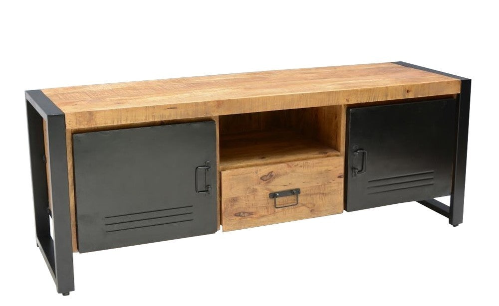 Industrial TV sideboard in metal and wood door and drawer and open compartment