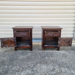 Indian Floral Hand Carved Wood Bed Side Table Set 50x40x65 Brown