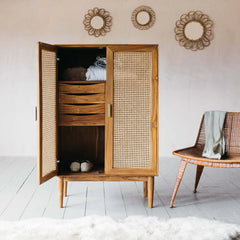 Rattan Elegance Series Mango Wood Cane 2Doors Cabinet