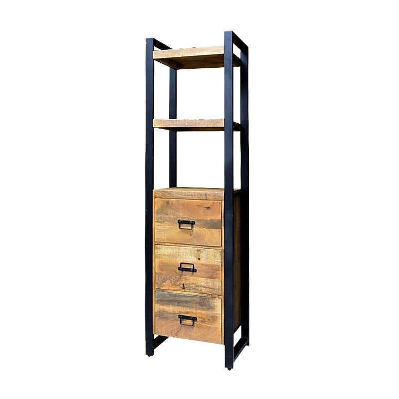 Industrial bookcase in metal and wood shelves and drawers