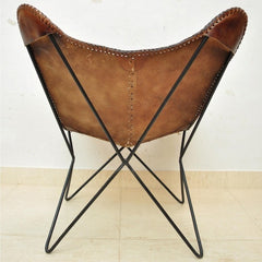 Aged Leather Metal Round Butterfly Chair