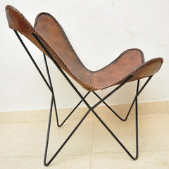 Aged Leather Metal Round Butterfly Chair